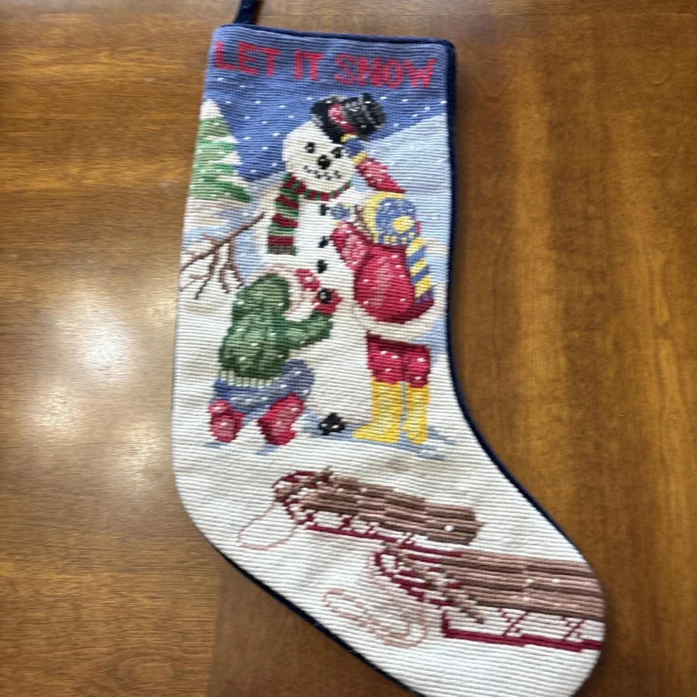 Snowman Children Winter‎ Yarn Needlepoint Christmas Stocking Blue Velvet